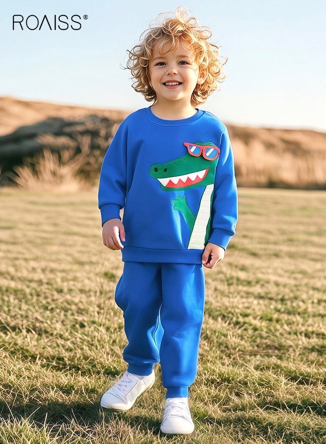 رويس طقم ملابس خريف وربيع من قطعتين للأولاد بنقشة ديناصور، طقم أنيق من قميص من النوع الثقيل وسروال للأطفال الصغار، طقم رياضي غير رسمي مع قميص طويل الأكمام وسروال بخصر مطاطي وأساور، مناسب للارتداء اليومي أو أي مناسبة - Image 1